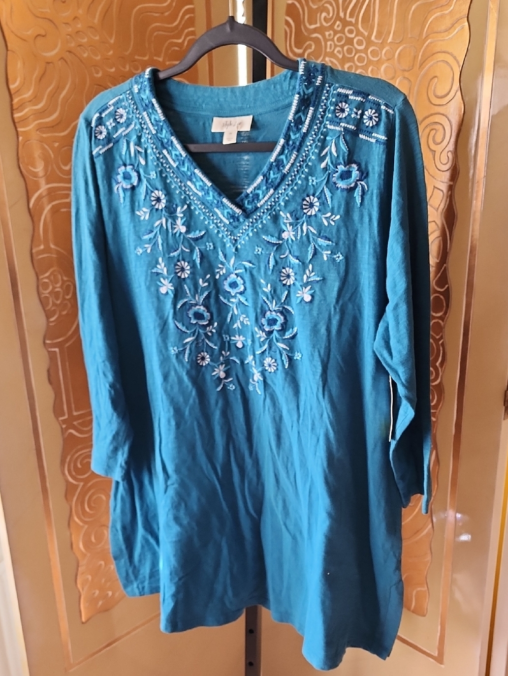 Style & Co. Teal Embroidered V-Neck Tunic